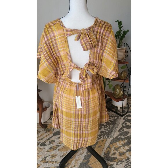 Yellow Plaid Mini Dress  Anthropologie Size Small NWT Boho Style - Picture 2 of 8